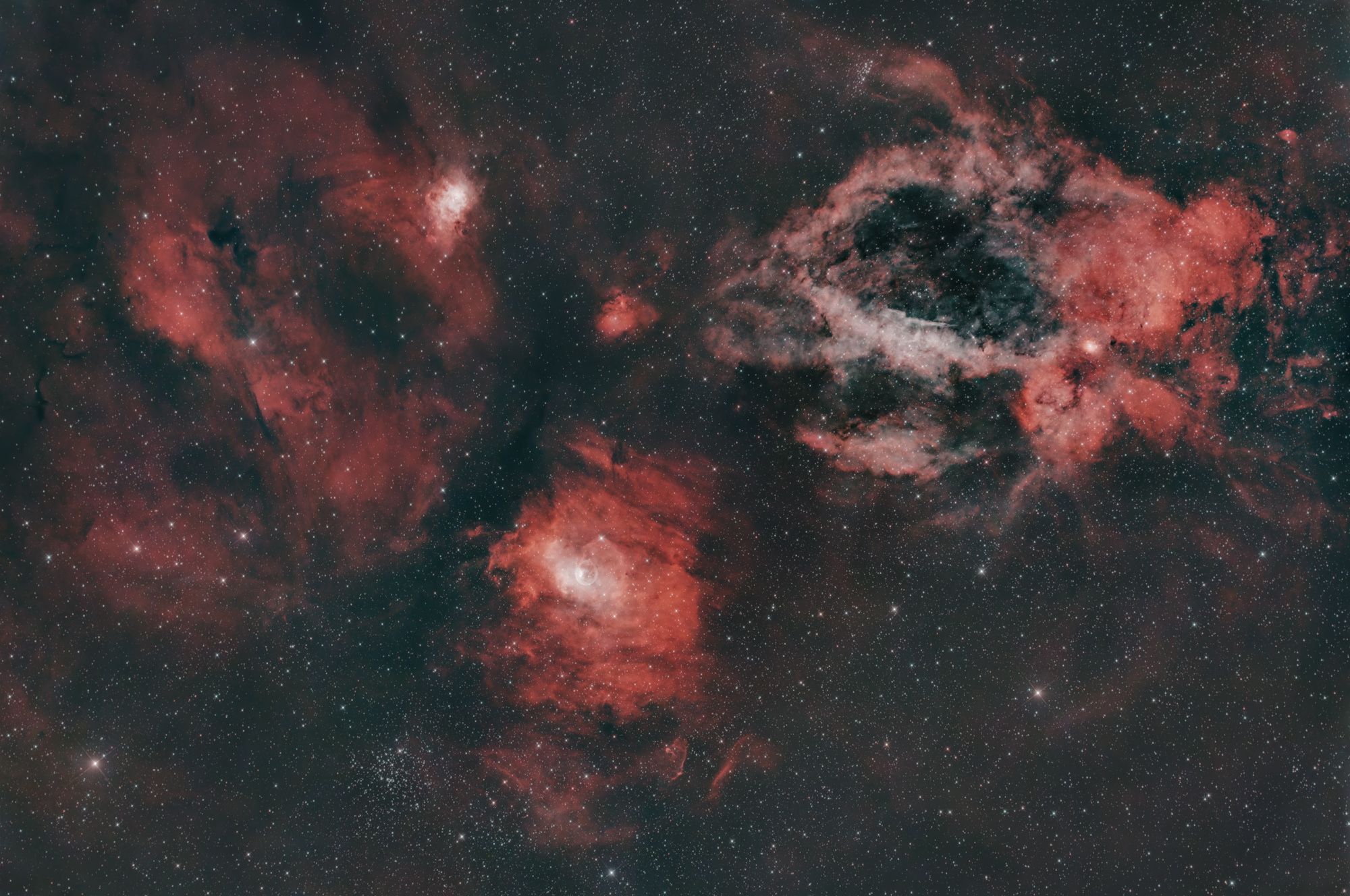 The Lobster Claw Nebula Sh2-157 is a bright emission nebula in the constellation of Cassiopeia. Left below Bubble Nebula NGC7635 and again left below open star cluster M52.